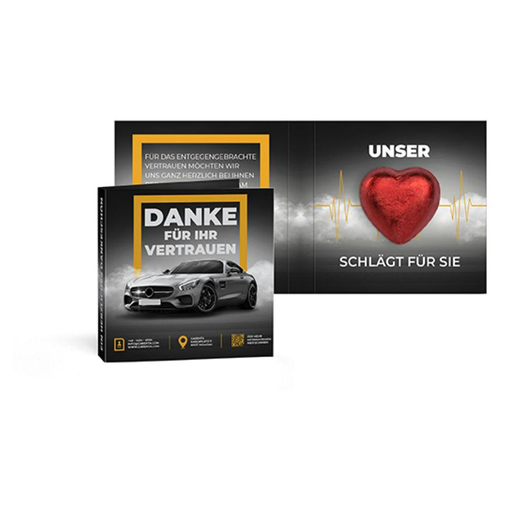 Werbekarte mit Lindt Schokoladen Herzl 5 g